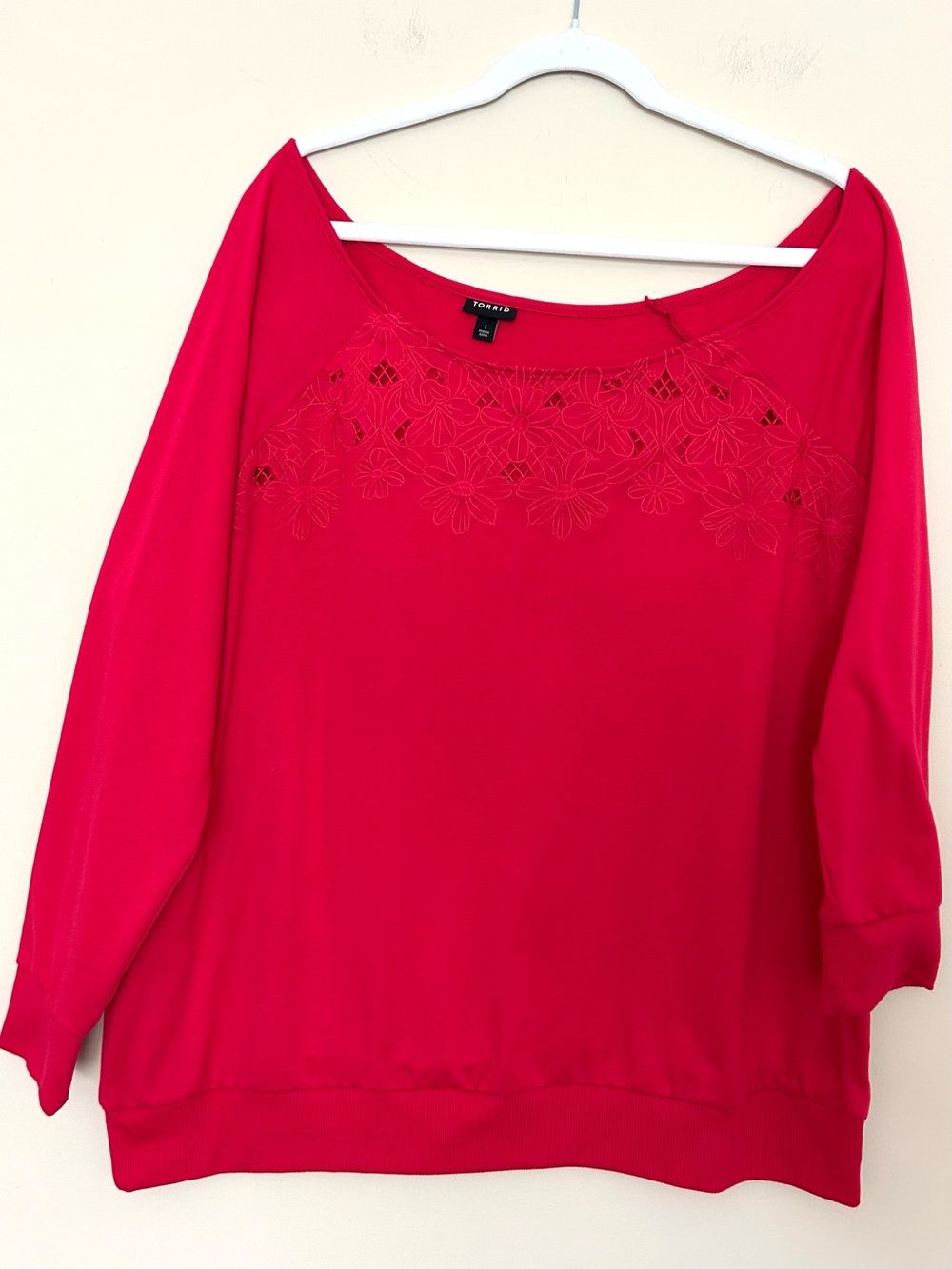 Torrid Women’s Bright Pink Floral Laser-Cut Long Sleeve Open Shoulder Top